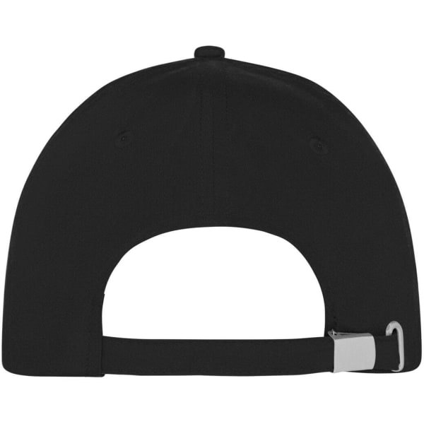 A black 5 panel sports cap with an adjustable strap at the back and a logo.