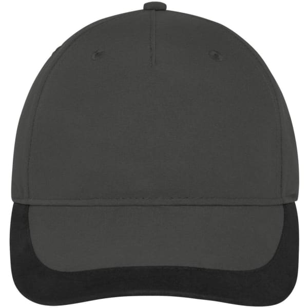 A 5 Panel Sports Cap in black with a contrasting dark visor and a logo on the front.