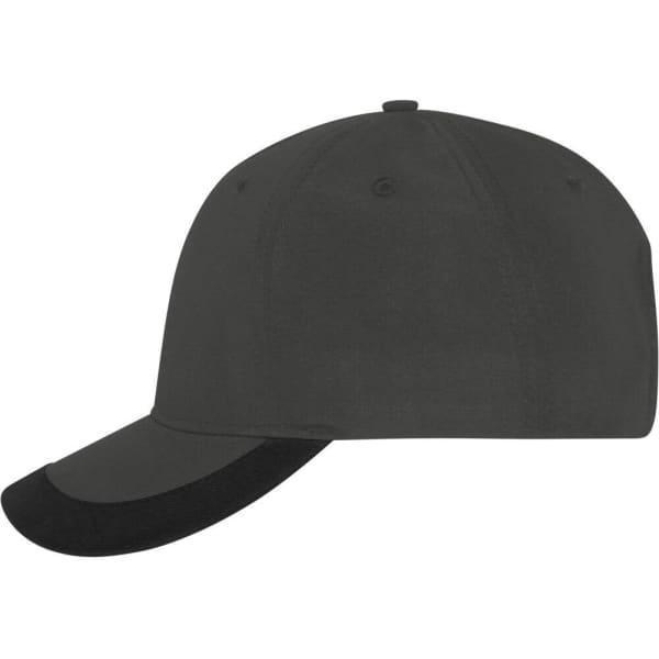 A black 5 panel sports cap with a curved brim and a sewn logo detail.