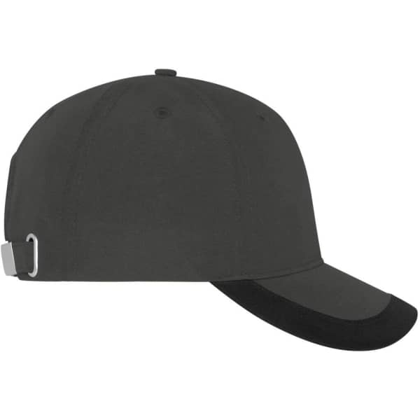 A black 5 panel sports cap featuring a curved brim and an adjustable strap at the back, with branding present.