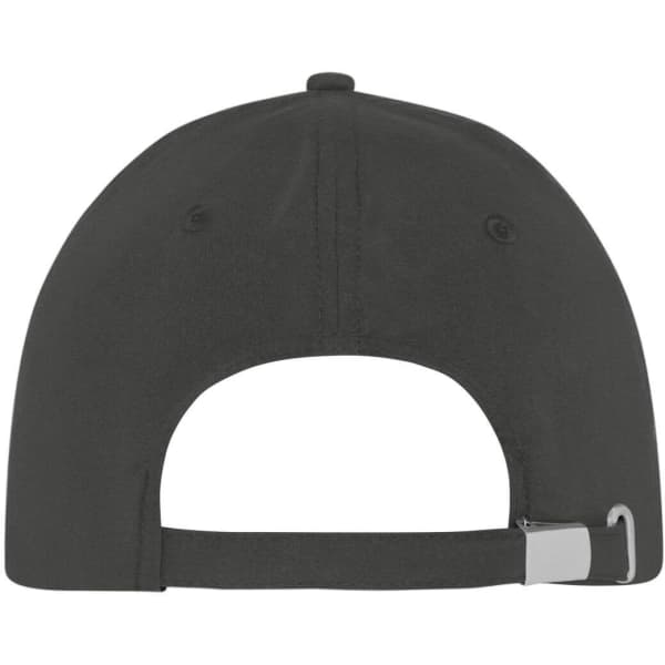 A black 5 panel sports cap featuring a rear adjustable strap and a logo on the back.