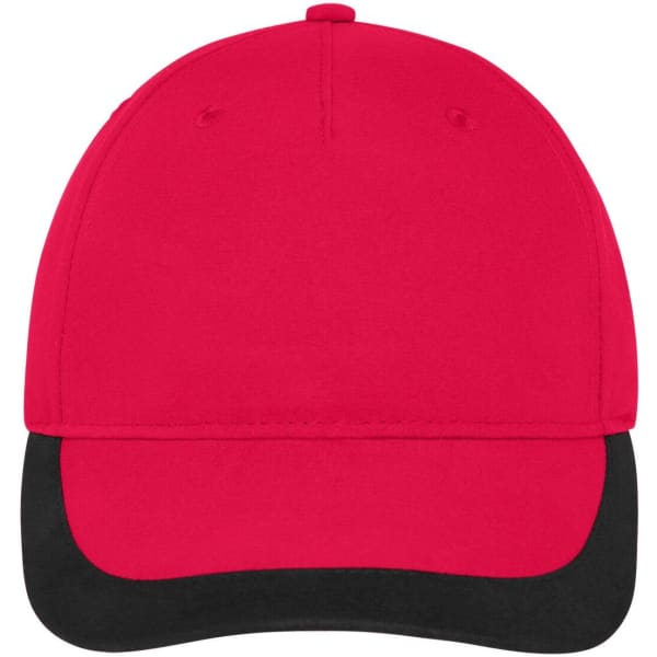 A red 5 panel sports cap with a black visor and a logo on the front.