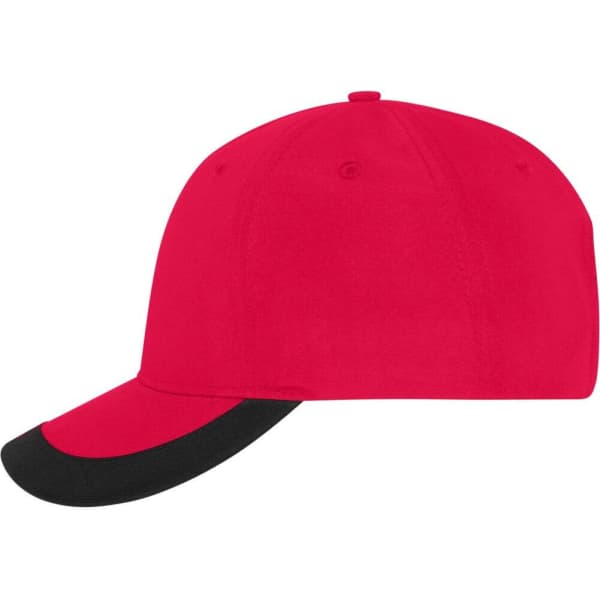 A 5 panel sports cap featuring a red body and a black brim, with a logo on the side.