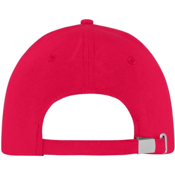A red 5 panel sports cap featuring an adjustable strap at the back and a branded logo.