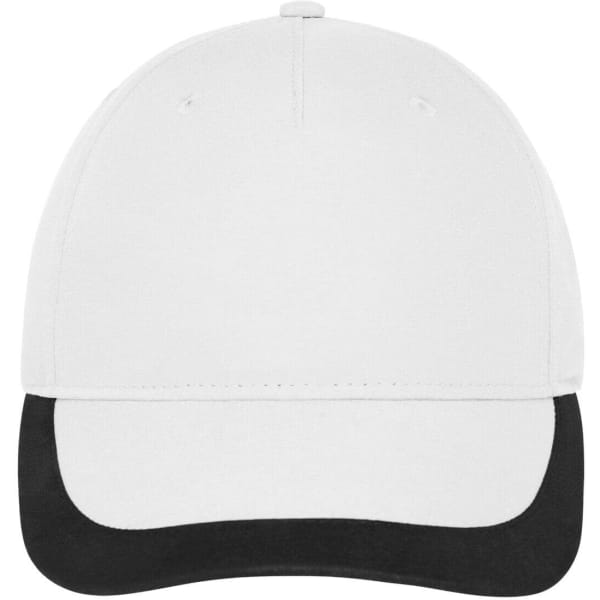 A 5 panel sports cap in white with a black brim, featuring a logo on the front.
