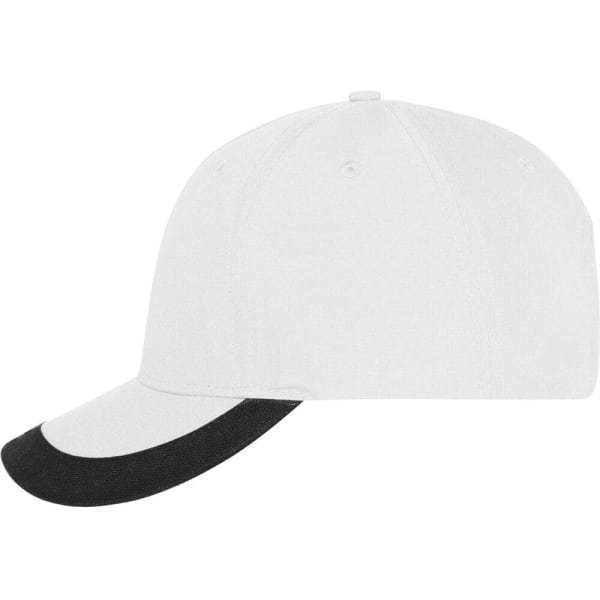 A five-panel sports cap in white with a black peak and an unembellished design featuring a logo.