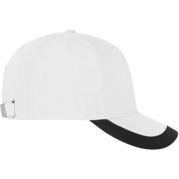 A 5 panel sports cap in white with a black peak, featuring an adjustable strap at the back and a logo.