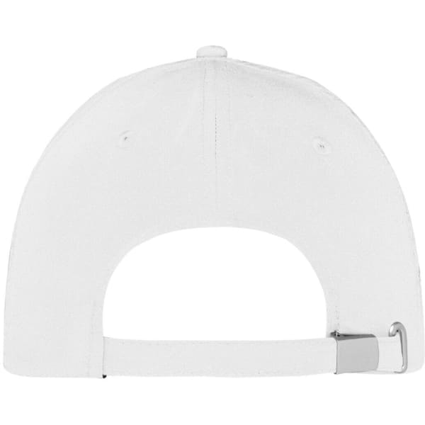 A white 5 panel sports cap featuring a strap and adjustable buckle at the back. It includes a logo.