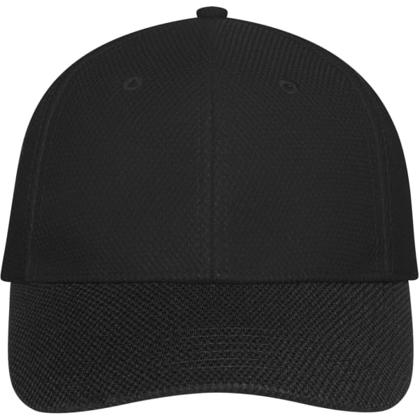 A black six-panel mesh cap featuring a solid design and an adjustable fit, complete with a logo.
