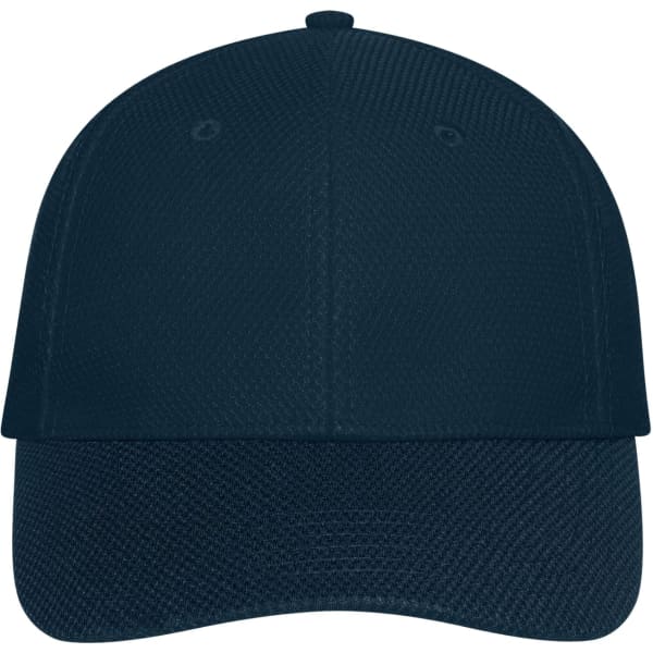 A navy blue 6 panel mesh cap with a rounded crown and a curved brim, featuring a logo on the front.