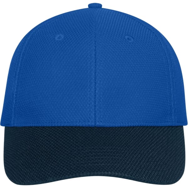 A blue 6 panel mesh cap with a dark navy peak and ventilation holes. Includes a logo on the front.