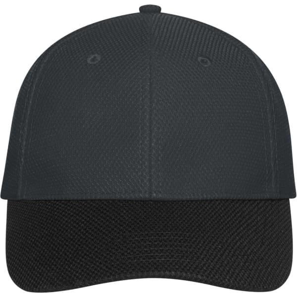 A black 6 panel mesh cap featuring a combined textured design and a solid peak, with a logo on the front.