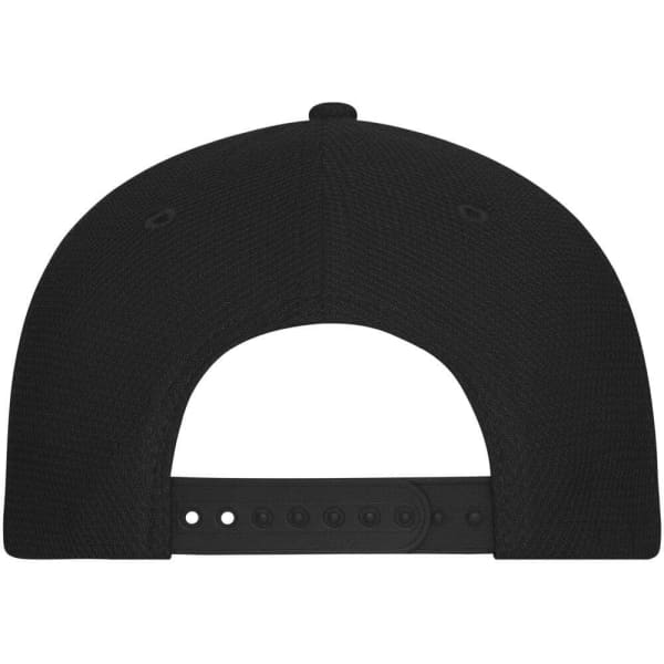 A black 6-panel mesh cap featuring a plastic snap closure at the back and ventilation holes.