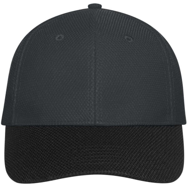 A dark grey 6-panel mesh cap featuring a solid front and mesh back, designed for headwear.