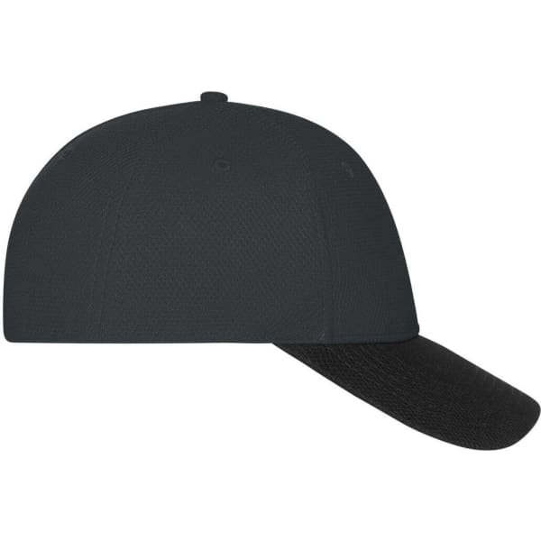 A black 6 panel mesh cap with a flat brim, featuring a logo on the front.