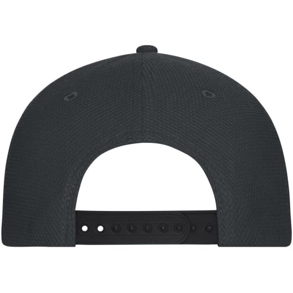 A black six-panel mesh cap featuring a snapback closure and ventilation holes. It includes a logo on the side.