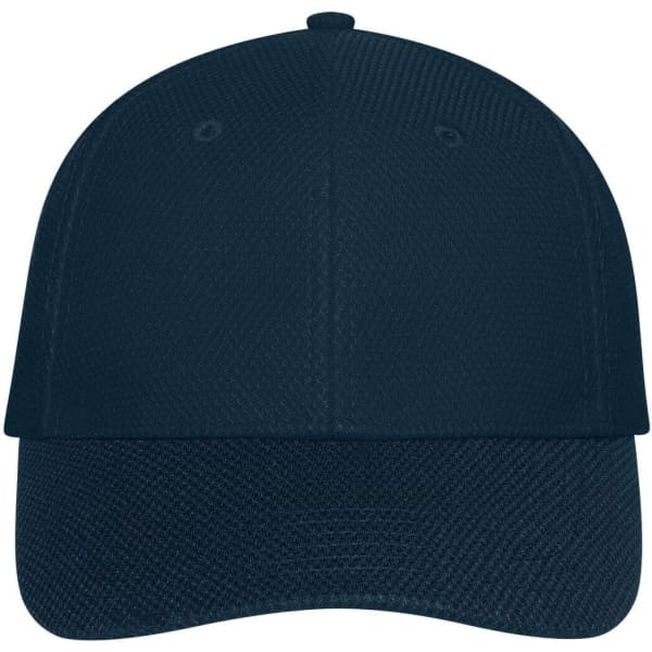A navy 6-panel mesh cap with a structured design and a logo on the front.