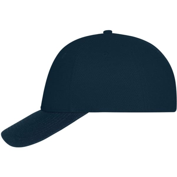 A dark blue 6 panel mesh cap with a curved brim and a logo on the front.