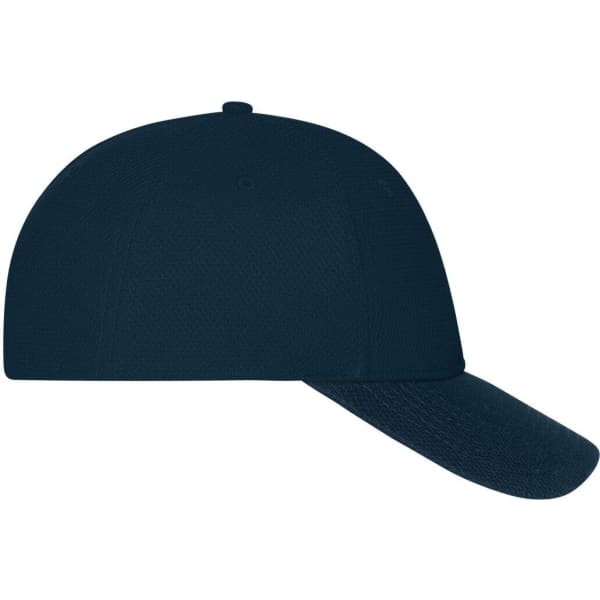 A navy 6 panel mesh cap featuring a structured design and a curved brim, with a logo on the front.