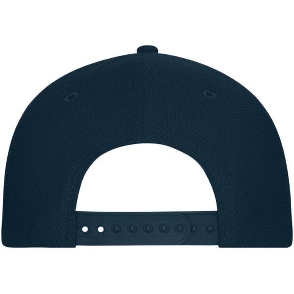 A navy 6 panel mesh cap featuring a flat brim and an adjustable snapback closure. The cap has a logo on the back.