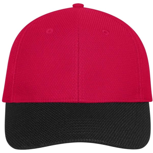 A red and black six-panel mesh cap with a structured front and curved peak, featuring a logo.