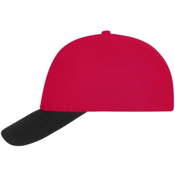 A red and black 6 panel mesh cap with a curved peak and a solid colour design. Features a logo on the front.