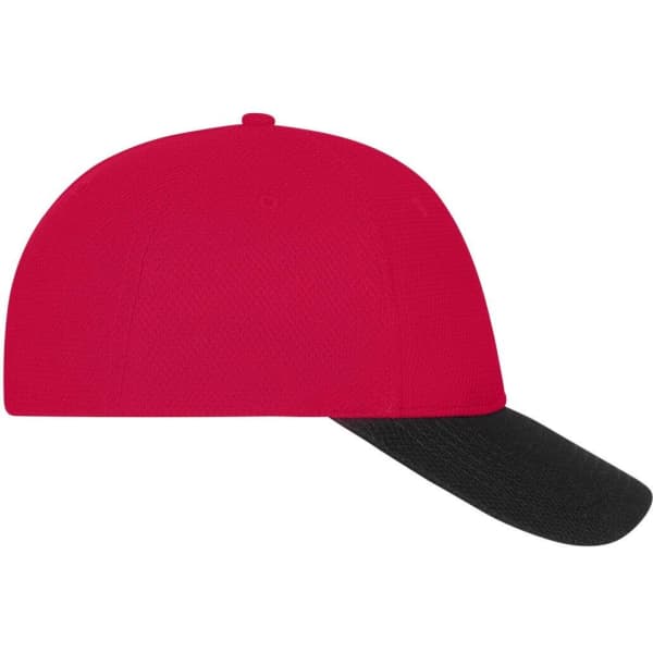 A red and black six-panel mesh cap with a curved black brim and an adjustable strap at the back.