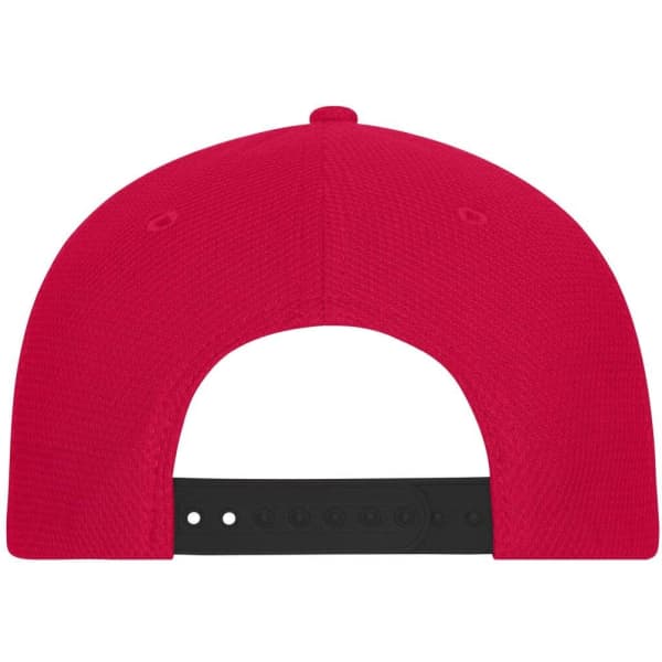 A red 6-panel mesh cap with a black adjustable strap at the back, featuring a logo on the front.