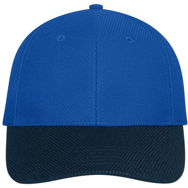 A blue and navy six-panel mesh cap featuring a curved brim and a logo on the front.