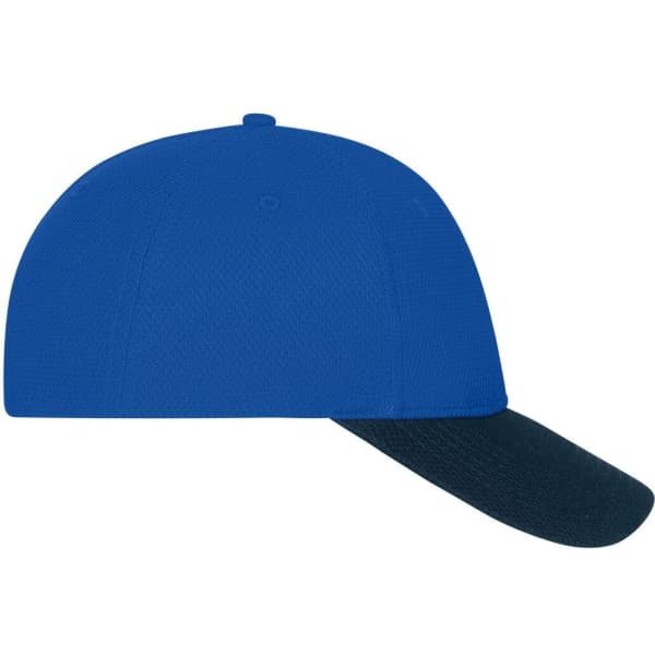 A blue and navy 6 panel mesh cap with a structured design and a curved brim. It features a logo on the front.