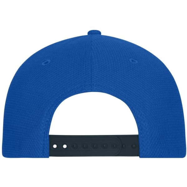 A blue 6 panel mesh cap with a black adjustable strap at the back. The cap features a logo.