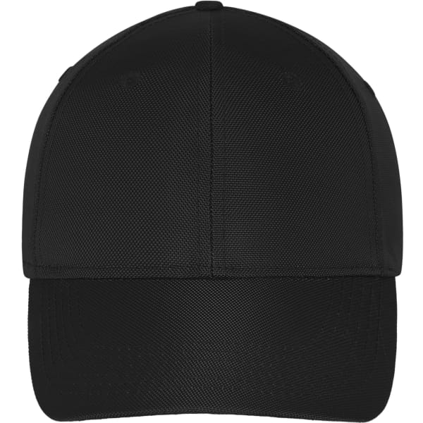 A black six-panel cap with a structured design and a curved brim. It features a logo on the front.