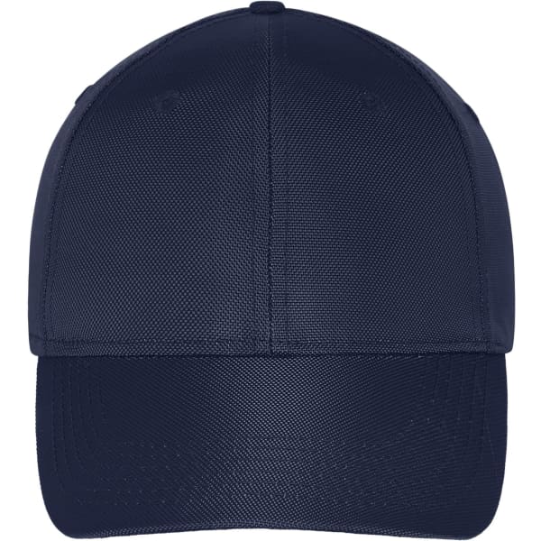 A navy blue six-panel cap with a structured design and a logo on the front.