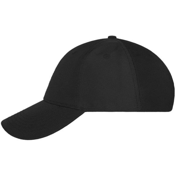 A black 6-panel cap with a curved brim and a logo on the side.