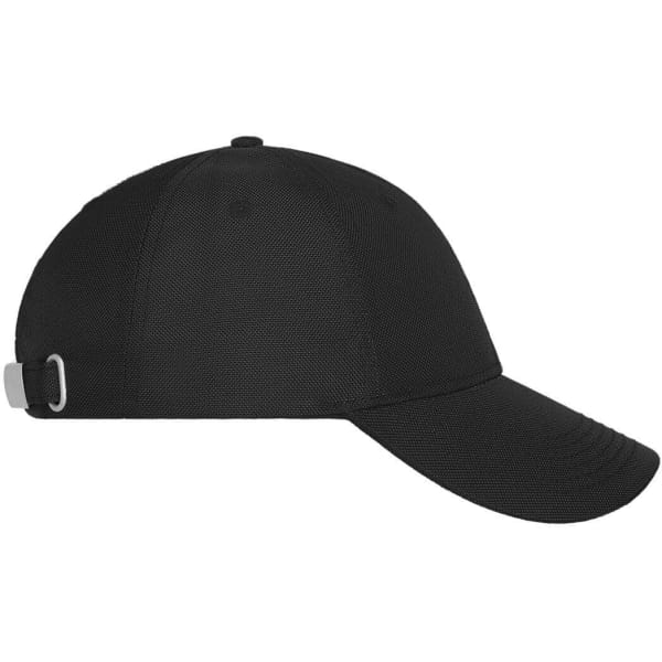 A black six-panel cap featuring a curved brim and an adjustable strap at the back. There is a logo on the side.