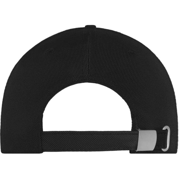 A black 6 panel cap featuring a rear strap and adjustable buckle, with a logo on the back.