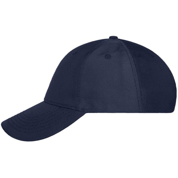 A navy 6-panel cap featuring a curved brim and a logo on the front.