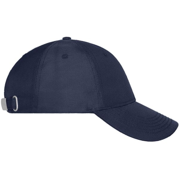A navy blue six-panel cap with a curved brim and adjustable strap at the back, featuring a logo.