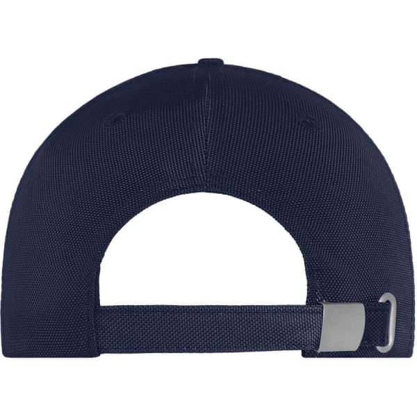 A navy 6-panel cap featuring a textured fabric and an adjustable strap at the back. It includes a logo.