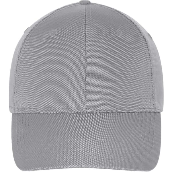 A grey 6 panel cap featuring a textured design and a logo on the front.