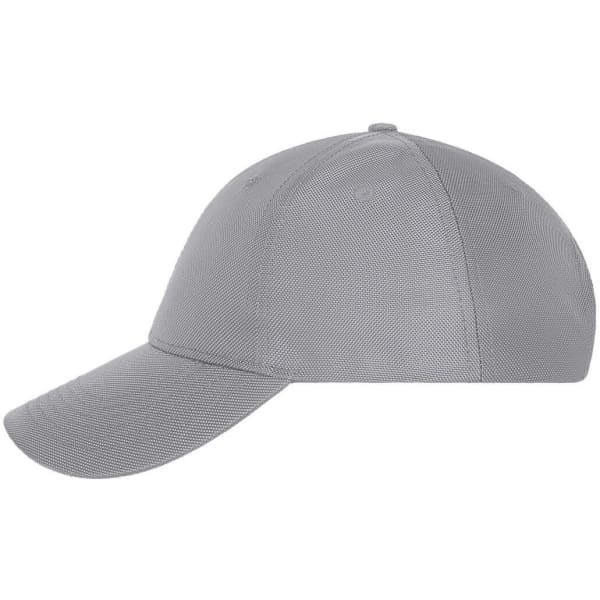 A grey 6 panel cap with a curved brim and ventilation holes, featuring a logo on the side.