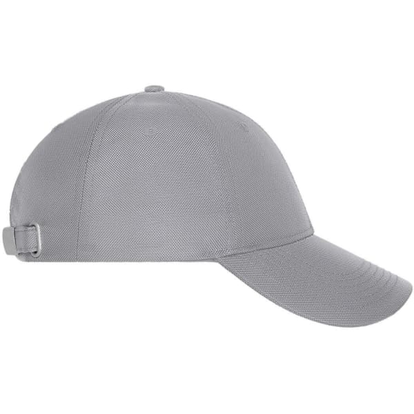 A grey 6 panel cap with a curved brim and an adjustable strap at the back. It features a logo.
