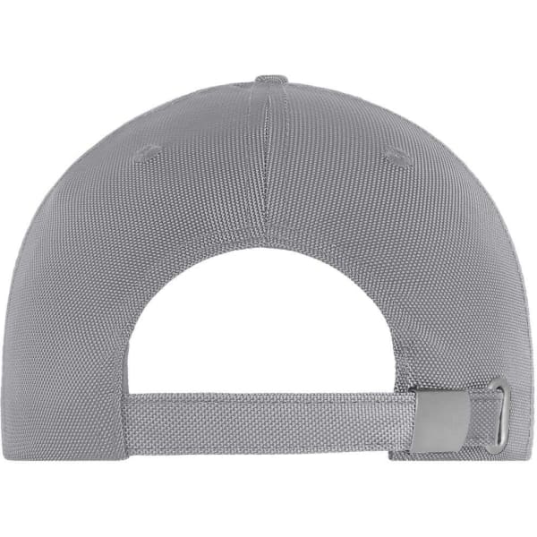 A grey 6-panel cap featuring a textured fabric and an adjustable back strap, with a branding logo present.
