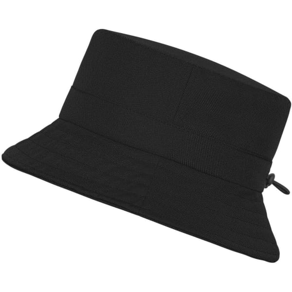 A black fisherman hat with a wide brim and an adjustable tie at the back. It features a branding logo.