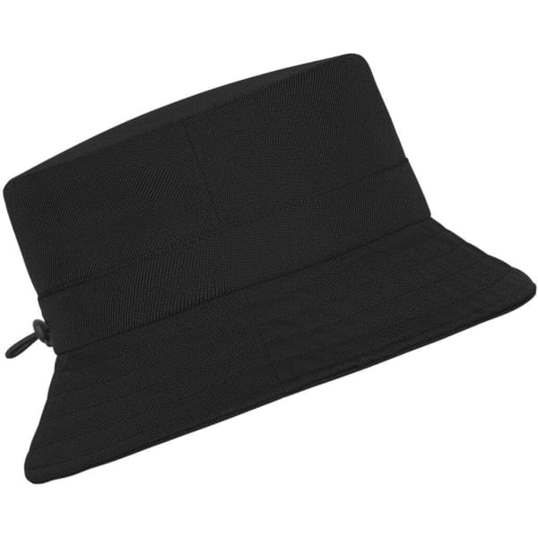 A black fisherman hat with a wide brim and adjustable strap. It features a logo on the side.