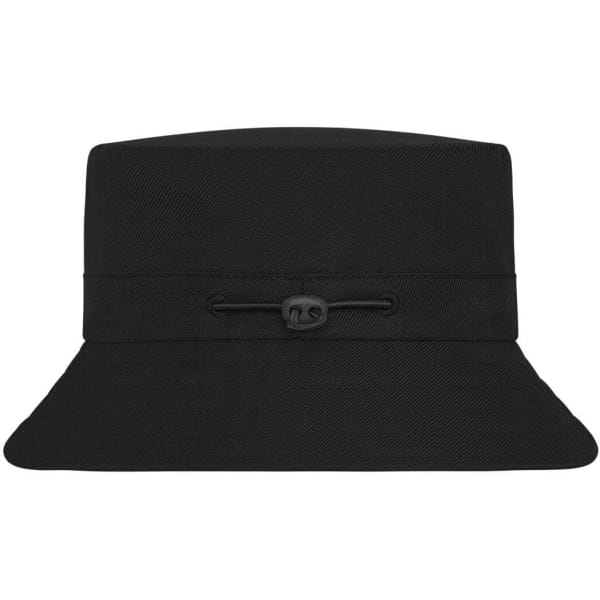 A black fisherman hat featuring a wide brim and a drawstring for adjustment, with a logo on the front.