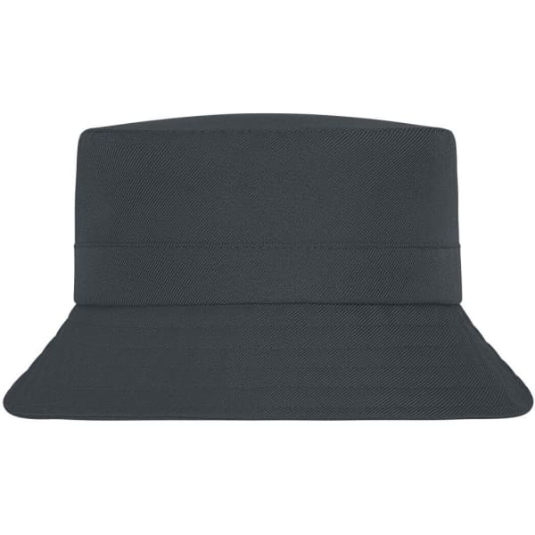 A dark grey fisherman hat with a wide brim and a structured design, featuring a logo on the side.