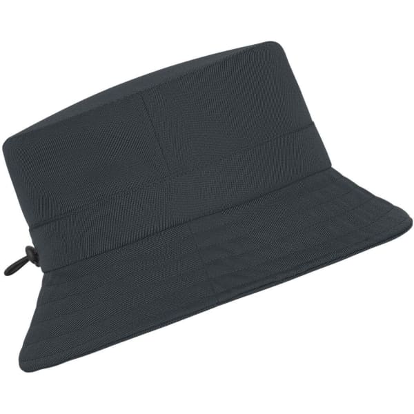 A black fisherman hat with a wide brim and adjustable drawstring, featuring a simple design.