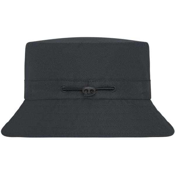 A dark grey fisherman hat with a wide brim and an adjustable drawstring for a secure fit. Features a logo.