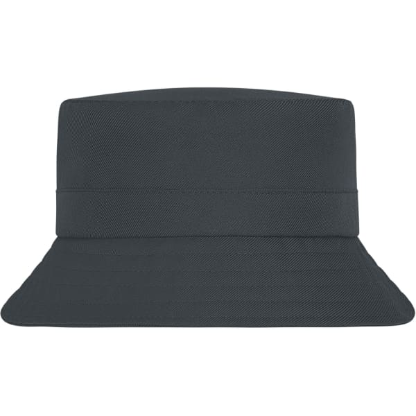 A grey fisherman hat with a wide brim and a structured top, featuring a logo on the side.